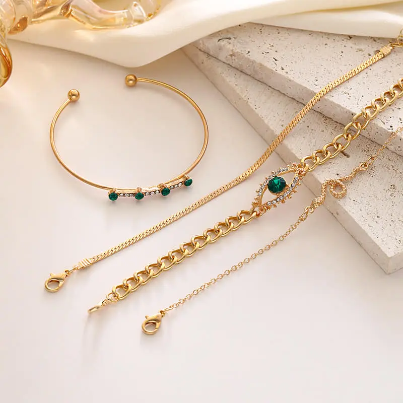 Picture of 4pcs/set Rhinestone Decor Bracelet Gold And Green For Women One Size