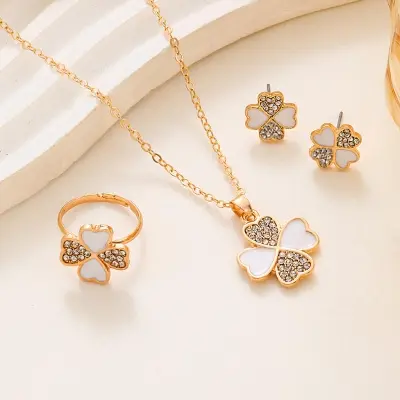 Picture of New Four Leaf Clover Jewelry Set, 4 Leaf Clover Pendant Necklace Earrings Ring Set,Adjustable Zirconia Clover Jewelry Sets Earring Set For Women