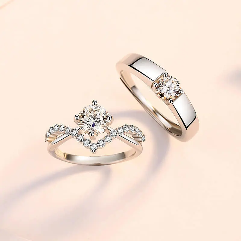 Picture of Crowning Love, Couple Rings, Four Prongs, 1 Zircon Diamond Rings, Pair of Wedding Rings for Men and Women, Crown Open Pair Rings5