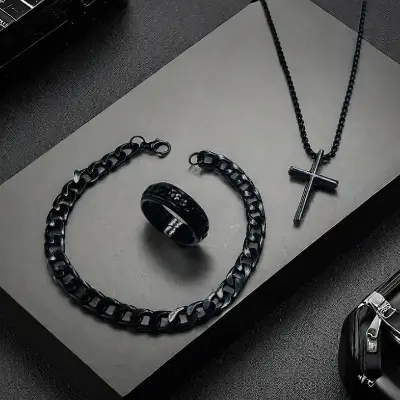 Picture of Men's Sleek Stainless Steel Geometric Pendant Necklace -Necklace Bracelet & Ring Set for Men