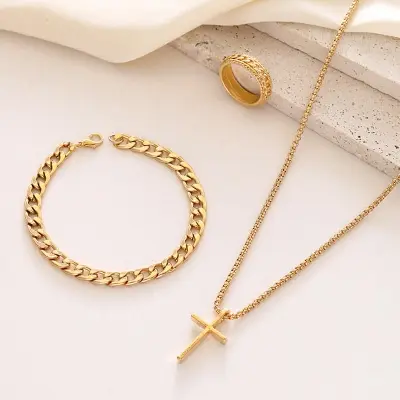 Picture of 3pcs/set Men's Fashion Alloy Cross Pendant Necklace + Bracelet + Ring Set  for Men