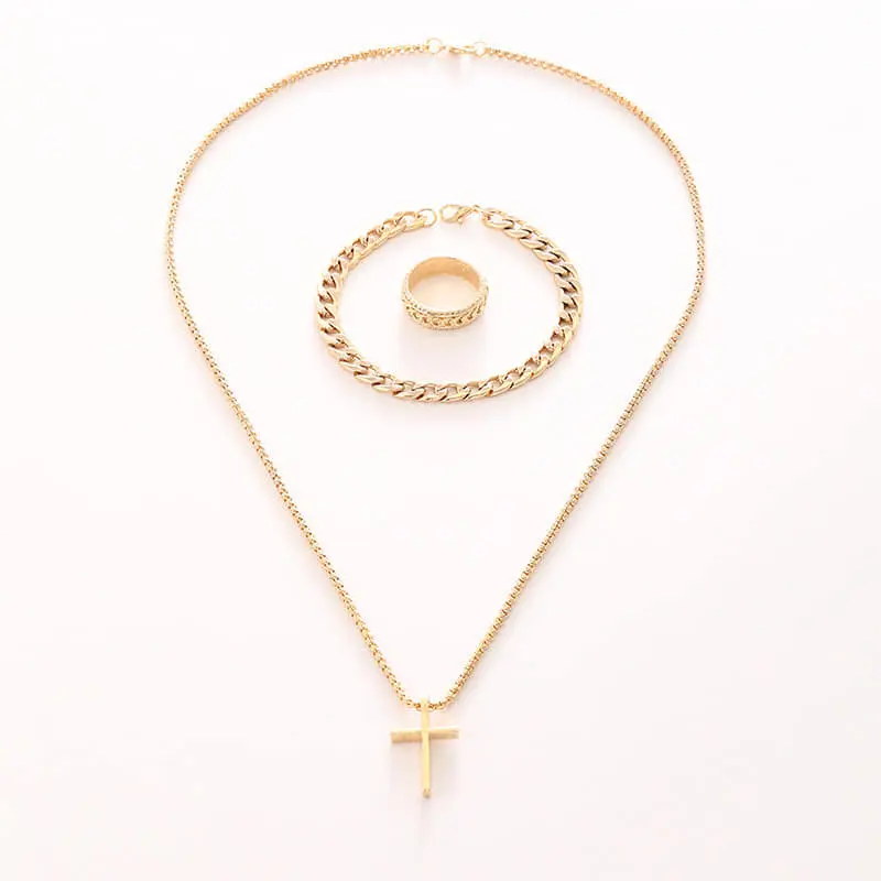 Picture of 3pcs/set Men's Fashion Alloy Cross Pendant Necklace + Bracelet + Ring Set  for Men