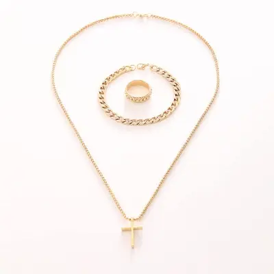 Picture of 3pcs/set Men's Fashion Alloy Cross Pendant Necklace + Bracelet + Ring Set  for Men