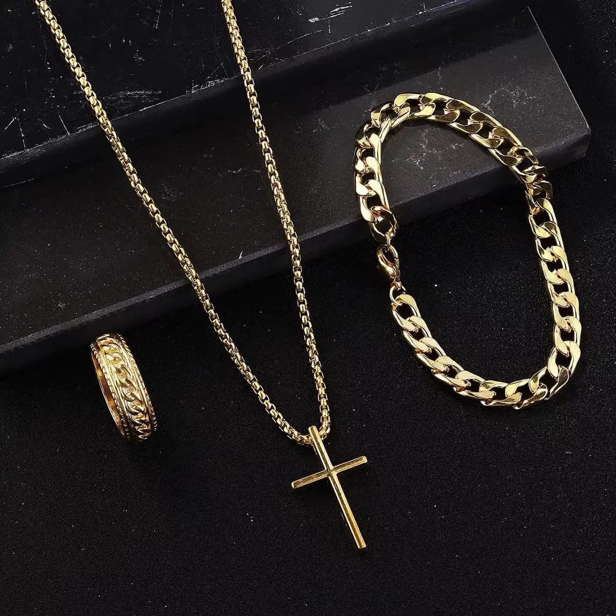 Picture of 3pcs/set Men's Fashion Alloy Cross Pendant Necklace + Bracelet + Ring Set  for Men