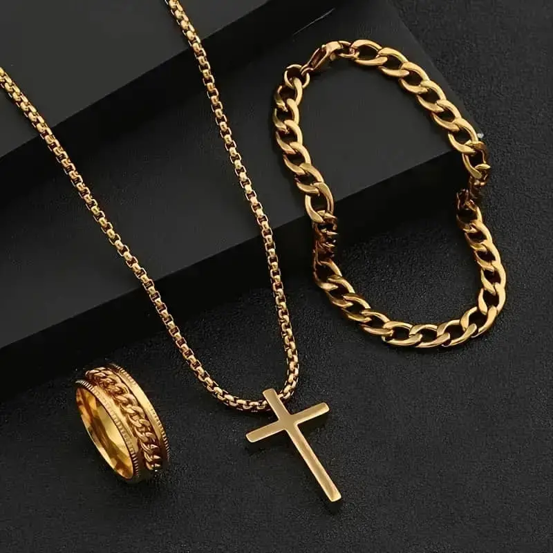 Picture of 3pcs/set Men's Fashion Alloy Cross Pendant Necklace + Bracelet + Ring Set  for Men