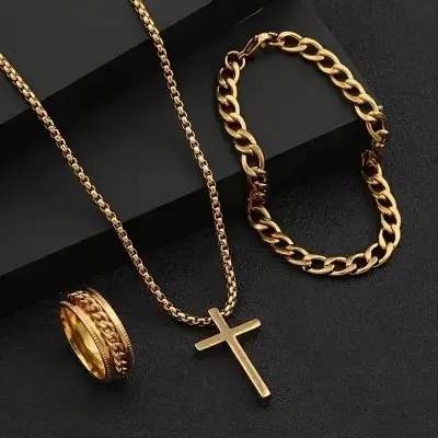 Picture of 3pcs/set Men's Fashion Alloy Cross Pendant Necklace + Bracelet + Ring Set  for Men