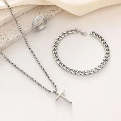 Picture of Fashionable Pendant Necklace, Bracelet & Ring Set for Everyday Chic Style-Combo Set  for Men