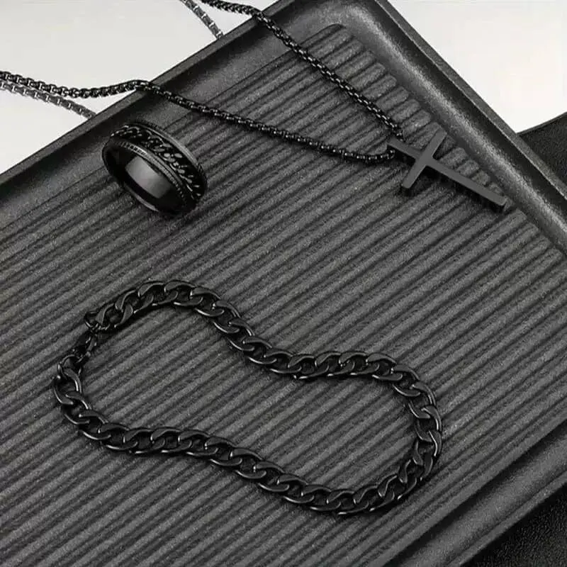 Picture of Style 3-Piece Fashion Jewelry Set  Stainless Steel, Simple Golden Necklace Combo for Men Casual Accessories