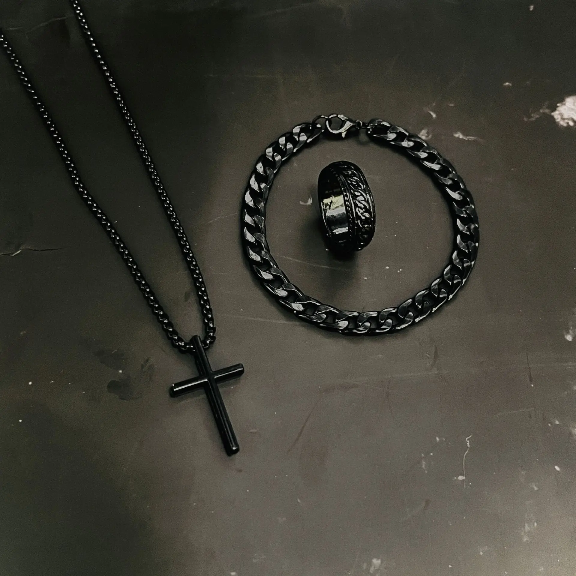 Picture of Style 3-Piece Fashion Jewelry Set  Stainless Steel, Simple Golden Necklace Combo for Men Casual Accessories