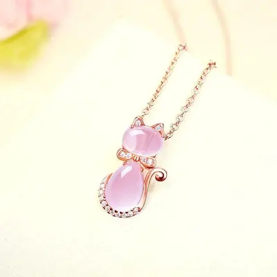 Picture of New Rose Gold Natural Stone Cat Necklace Girls Jewelry Necklace for Women