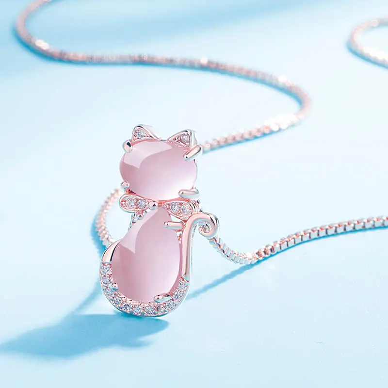 Picture of New Rose Gold Natural Stone Cat Necklace Girls Jewelry Necklace for Women