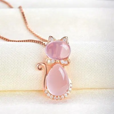 Picture of New Rose Gold Natural Stone Cat Necklace Girls Jewelry Necklace for Women