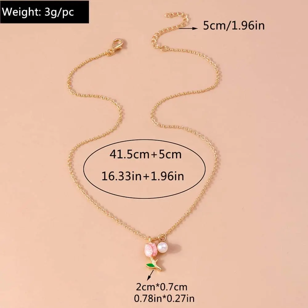 Picture of New Cute Tulip Flower Shaped Pendant Peach Pearl Flower Chain For Women