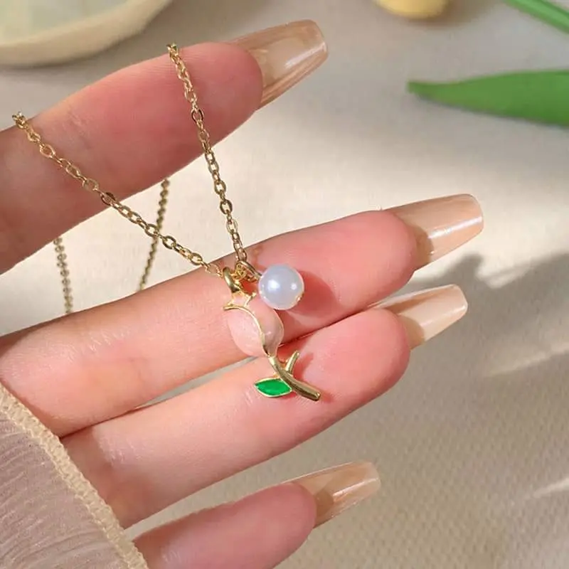 Picture of New Cute Tulip Flower Shaped Pendant Peach Pearl Flower Chain For Women
