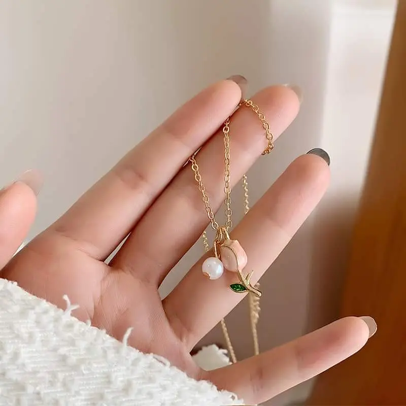 Picture of New Cute Tulip Flower Shaped Pendant Peach Pearl Flower Chain For Women