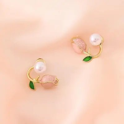 Picture of Pearl Tulip Flower Earrings for Women