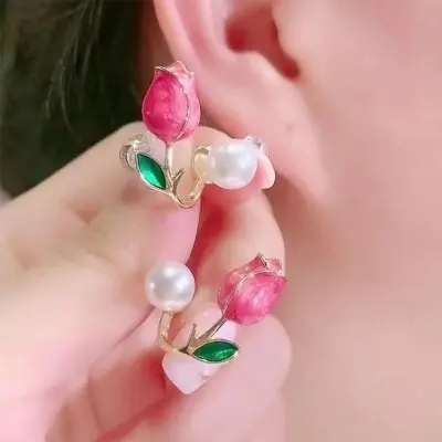 Picture of Pink Tulip Pearl Stud Earrings For Women Two Ways To Wear Ear Studs For Daily Life Party Jewelry Lightweight Ear Cuff Tulip