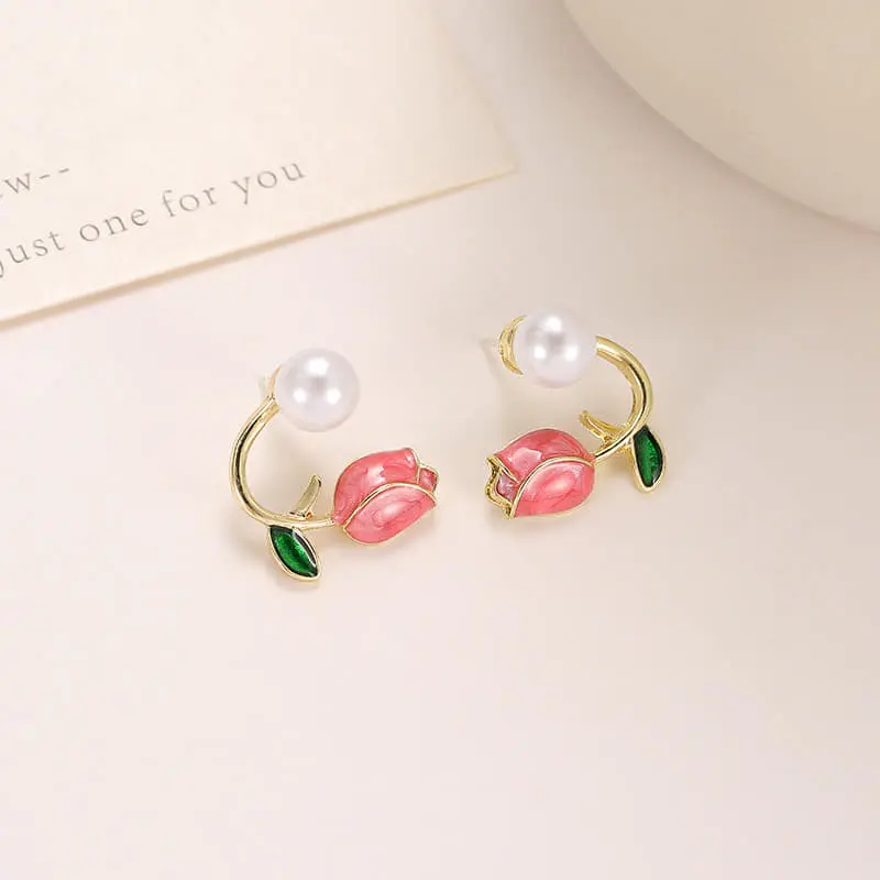Picture of Pink Tulip Pearl Stud Earrings For Women Two Ways To Wear Ear Studs For Daily Life Party Jewelry Lightweight Ear Cuff Tulip