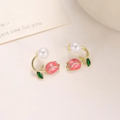 Picture of Pink Tulip Pearl Stud Earrings For Women Two Ways To Wear Ear Studs For Daily Life Party Jewelry Lightweight Ear Cuff Tulip