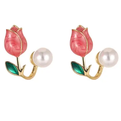 Picture of Pink Tulip Pearl Stud Earrings For Women Two Ways To Wear Ear Studs For Daily Life Party Jewelry Lightweight Ear Cuff Tulip