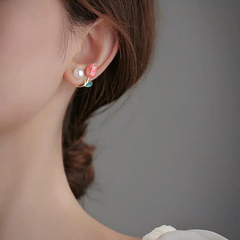 Picture of Pink Tulip Pearl Stud Earrings For Women Two Ways To Wear Ear Studs For Daily Life Party Jewelry Lightweight Ear Cuff Tulip