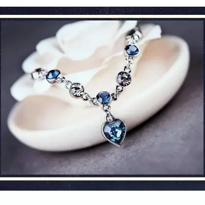 Picture of Japan Korea Elegant Blue Stone Crystal Love Bracelet  For Women Girls Sweet Colorful Flower Gold Color Metal Chain Bracelets Aesthetic Jewelry