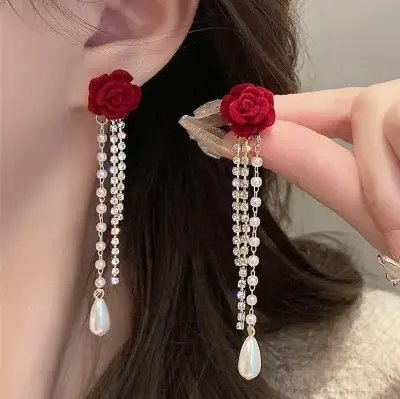 Picture of Red Flower Simulated-pearl Long Tassel Dangle Earrings for Women