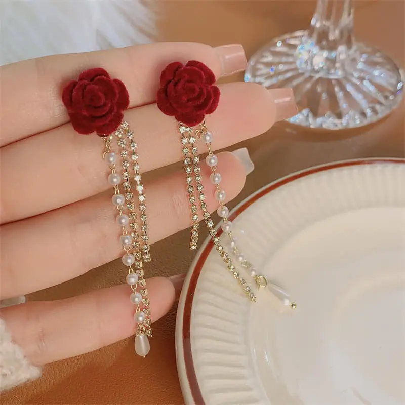 Picture of Red Flower Simulated-pearl Long Tassel Dangle Earrings for Women