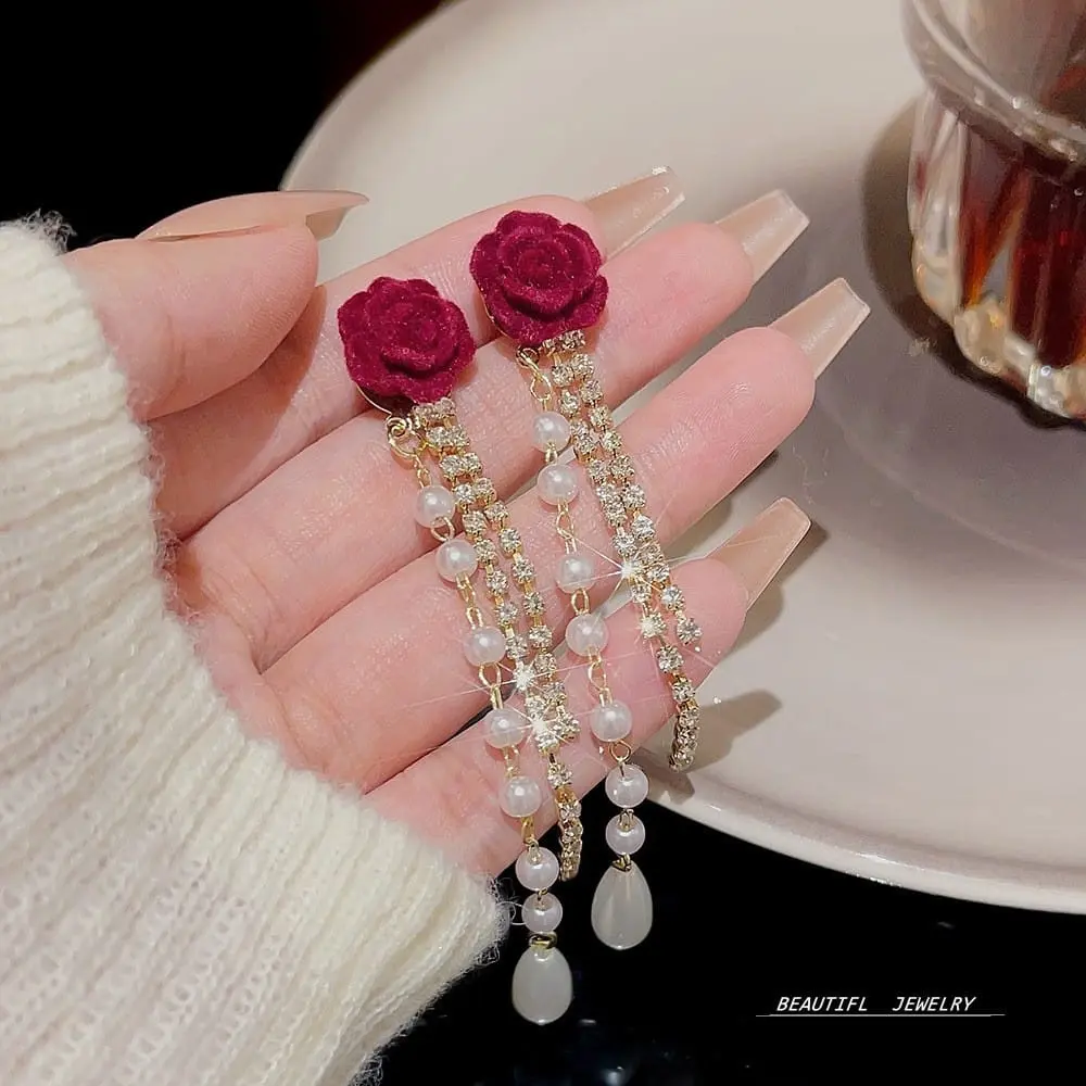Picture of Red Flower Simulated-pearl Long Tassel Dangle Earrings for Women