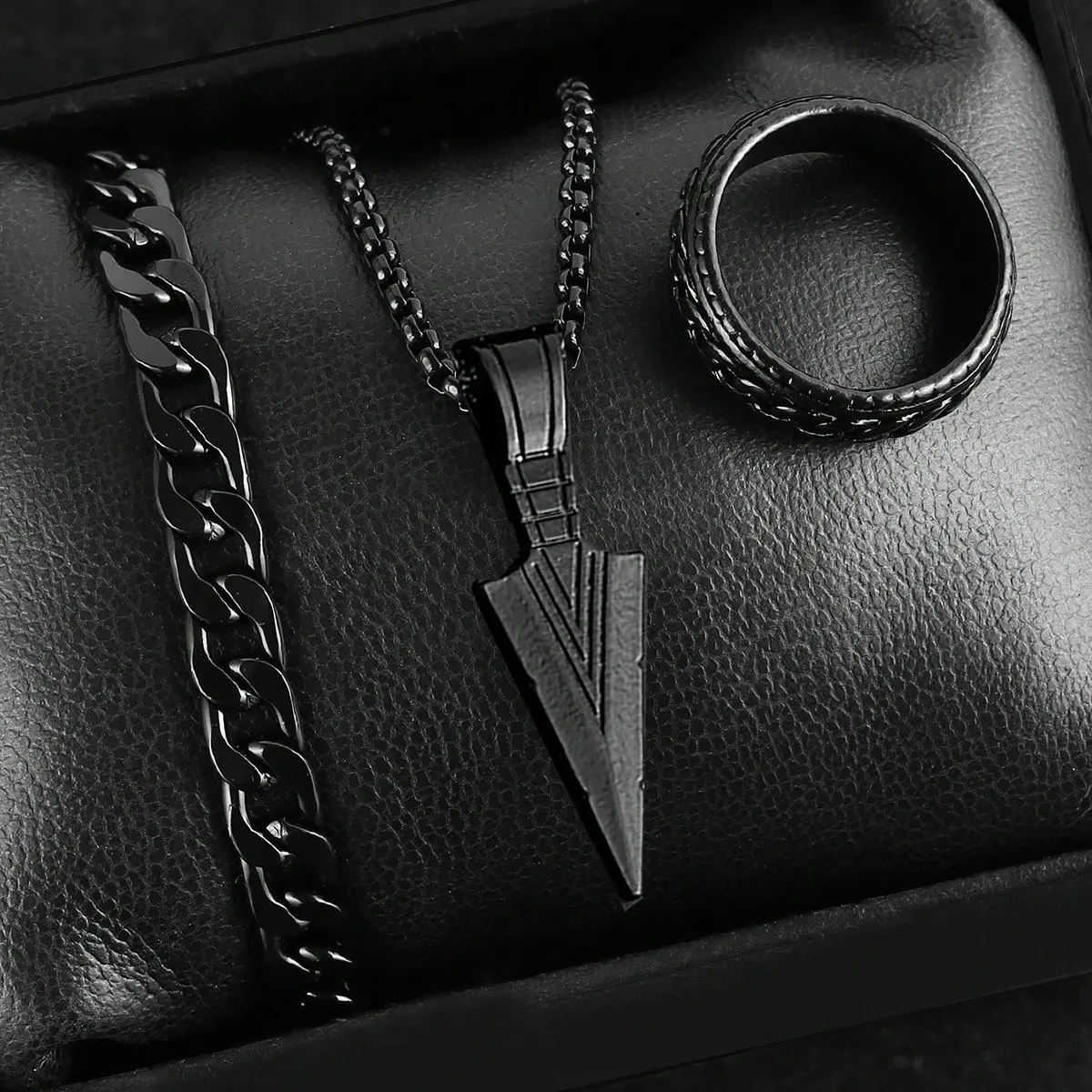 Picture of Premium Stainless Steel Norse-Inspired Arrow Pendant, Thick Cuban Bracelet & Textured Ring Set