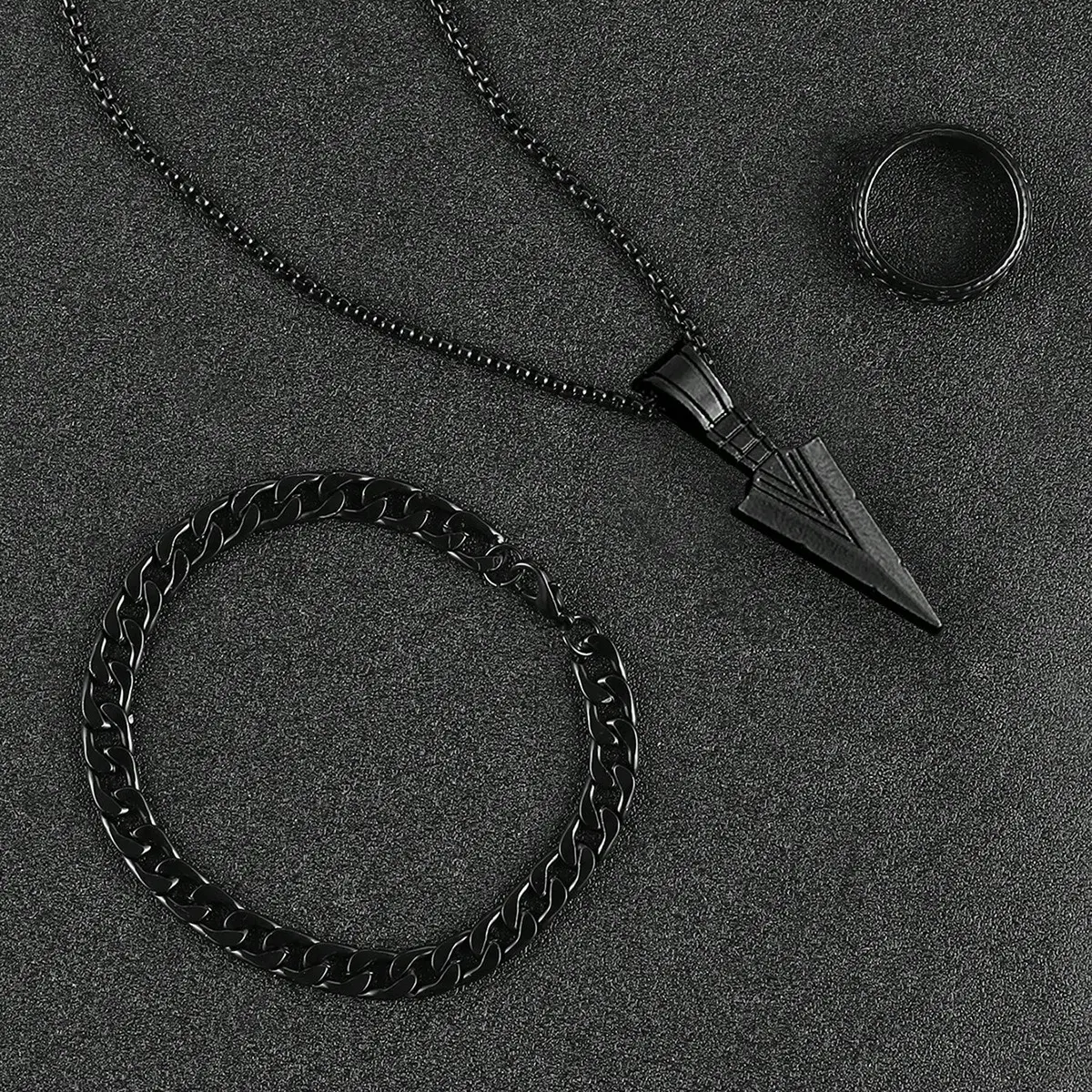Picture of Premium Stainless Steel Norse-Inspired Arrow Pendant, Thick Cuban Bracelet & Textured Ring Set