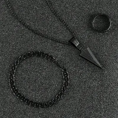 Picture of Premium Stainless Steel Norse-Inspired Arrow Pendant, Thick Cuban Bracelet & Textured Ring Set