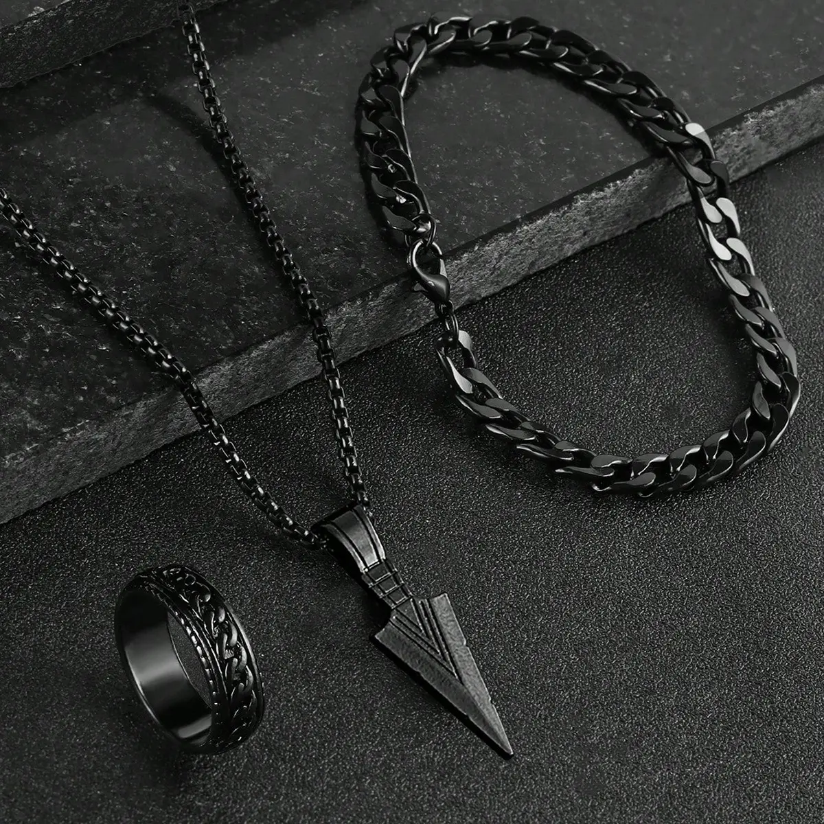 Picture of Premium Stainless Steel Norse-Inspired Arrow Pendant, Thick Cuban Bracelet & Textured Ring Set