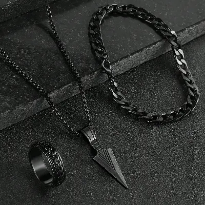 Picture of Premium Stainless Steel Norse-Inspired Arrow Pendant, Thick Cuban Bracelet & Textured Ring Set
