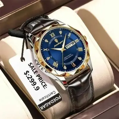 Picture of High-End Men’s Fashion Watch with Brown Leather Strap and Gold Finish