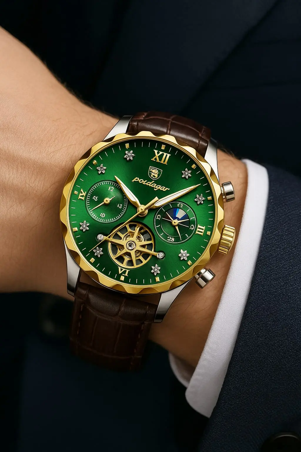 Picture of High-End Men’s Fashion Watch with Brown Leather Strap and Gold Finish