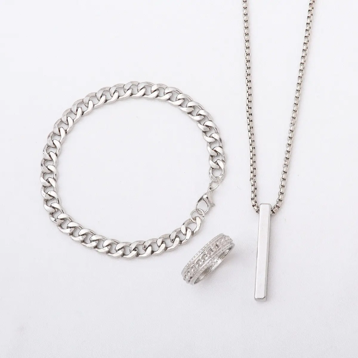 Picture of Golden Men's Sleek Stainless Steel Geometric Pendant Necklace -Necklace Bracelet & Ring Set for Men