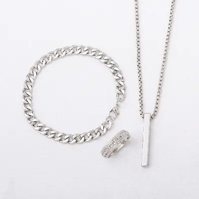 Picture of Golden Men's Sleek Stainless Steel Geometric Pendant Necklace -Necklace Bracelet & Ring Set for Men