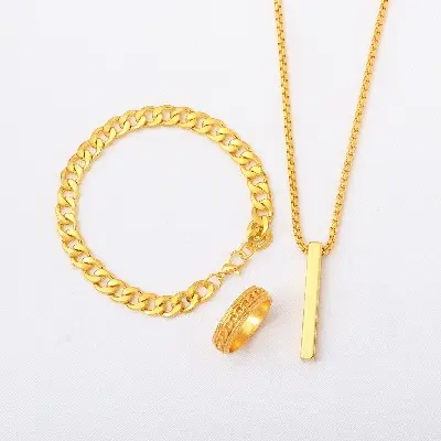 Picture of Golden Men's Sleek Stainless Steel Geometric Pendant Necklace -Necklace Bracelet & Ring Set for Men