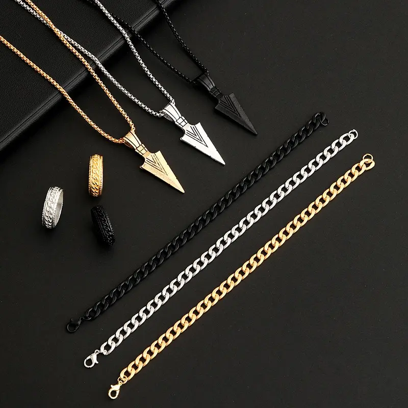 Picture of Stylish Bar Pendant Set, Necklaces Finger Ring Set for Men 3pcs Set