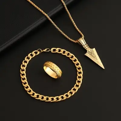 Picture of Stylish Bar Pendant Set, Necklaces Finger Ring Set for Men 3pcs Set