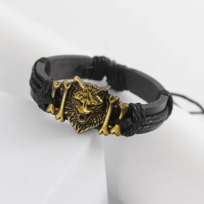 Picture of Hip Hop Rock Band Bracelet Steampunk Band Symbol Adjustable Wolf Head Charm Leather Bracelets Men Women Collection