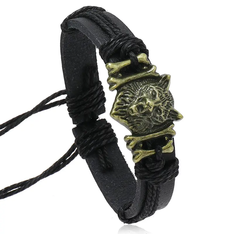 Picture of Hip Hop Rock Band Bracelet Steampunk Band Symbol Adjustable Wolf Head Charm Leather Bracelets Men Women Collection