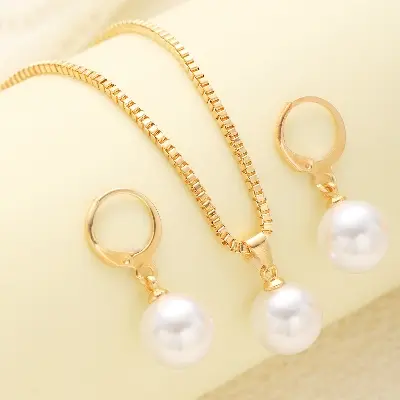 Picture of 3 Pcs Round Pearl Jewelry Set Of Earring Pendant Necklace For Women Exquisite Fashion Rhinestone Double Wedding Jewelry Set Gift