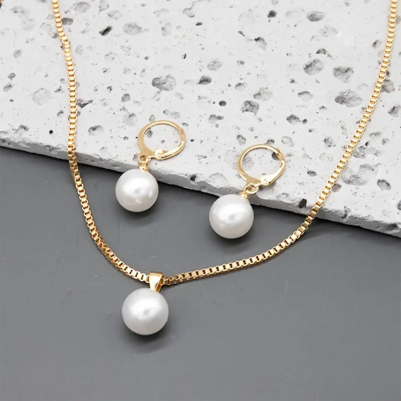 Picture of 3 Pcs Round Pearl Jewelry Set Of Earring Pendant Necklace For Women Exquisite Fashion Rhinestone Double Wedding Jewelry Set Gift