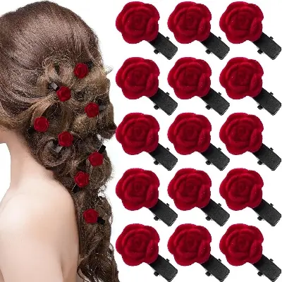 Picture of Ladies' Velvet Rose Hair Clip, Cute Internet Celebrity Hairpin For Bangs & Hair Accessories, Lovely Velvet Bowknot Barrette, Small But Cute,