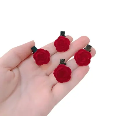 Picture of Ladies' Velvet Rose Hair Clip, Cute Internet Celebrity Hairpin For Bangs & Hair Accessories, Lovely Velvet Bowknot Barrette, Small But Cute,
