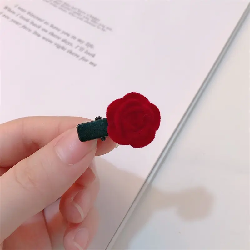 Picture of Ladies' Velvet Rose Hair Clip, Cute Internet Celebrity Hairpin For Bangs & Hair Accessories, Lovely Velvet Bowknot Barrette, Small But Cute,