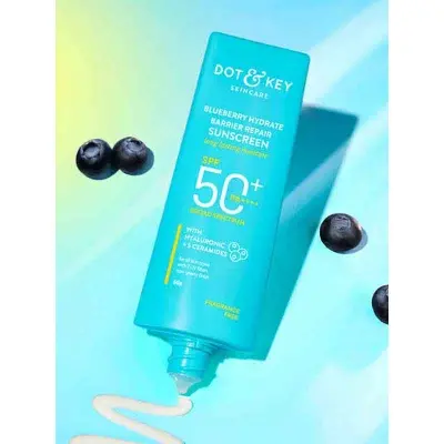 Picture of Dot & Key Blueberry Hydrate Barrier Repair Sunscreen 80gm SPF50+ PA++++ | For Dry & Sensitive Skin | Non - Greasy Finish | No White Cast | UV & Blue Light Protection | Broad Spectrum