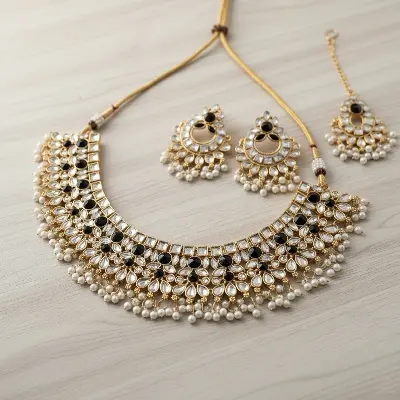 Picture of Nice Stone Choker Necklace with Earrings and tickli set